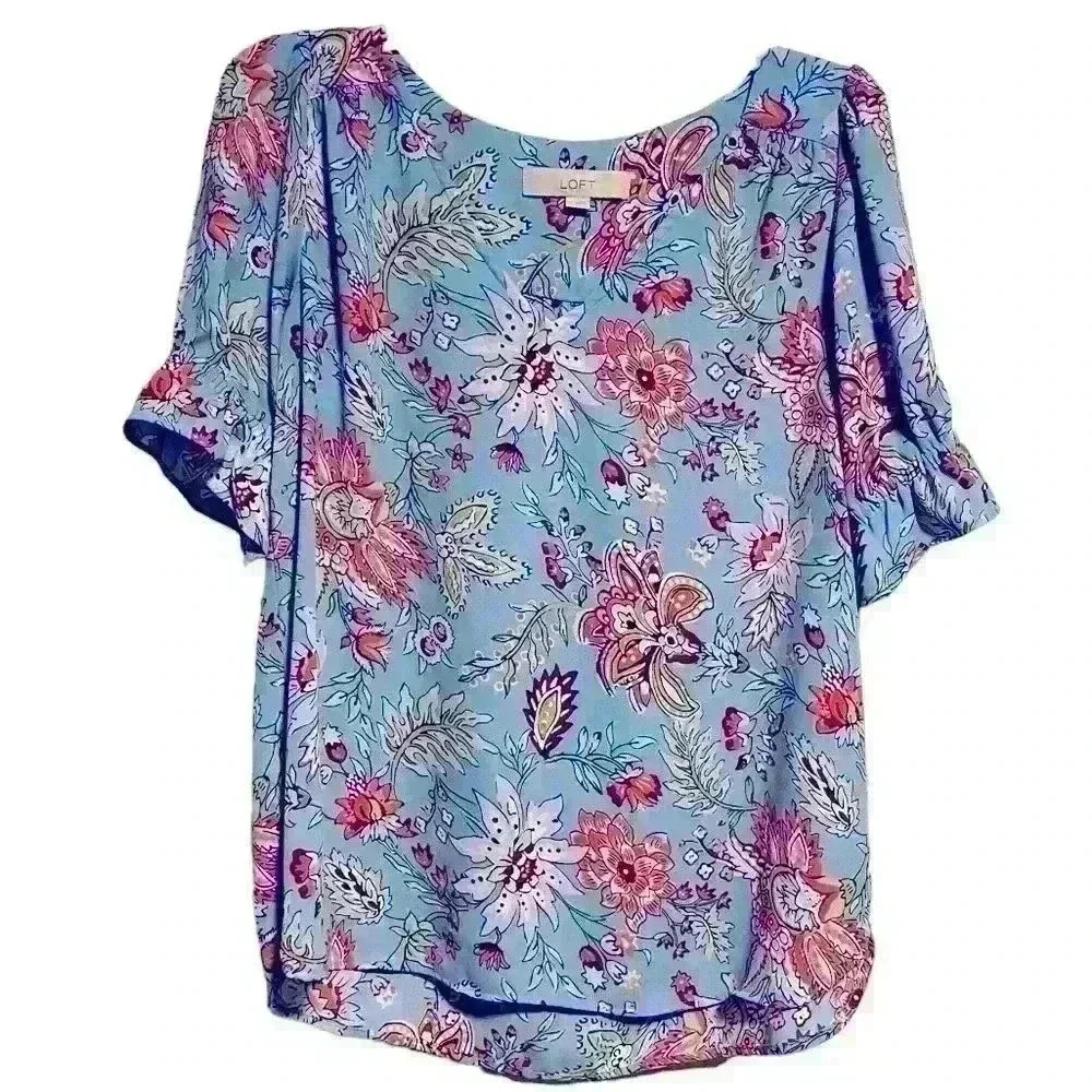 LOFT Short Sleeve Blue Floral Blouse | Work Shirt Top | Flutter Sleeve | Size XS
